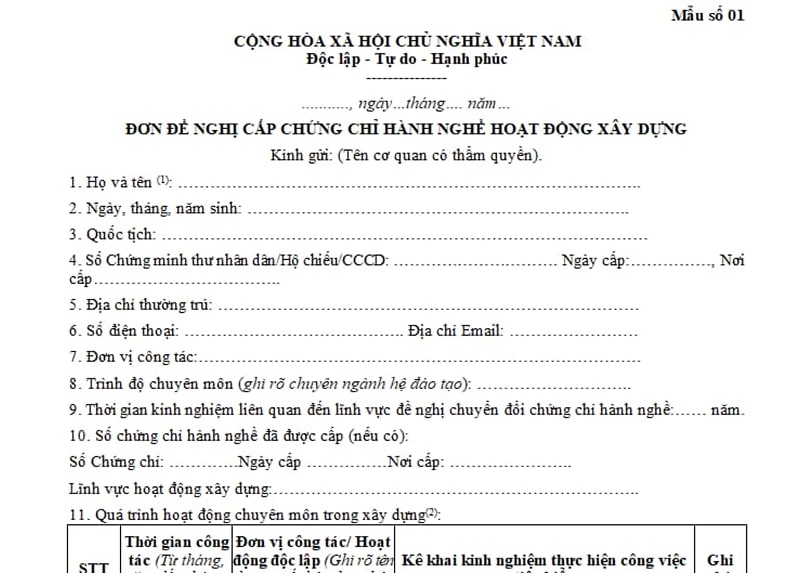 Đơn đề nghị cấp chứng chỉ hành nghề thiết kế công trình dân dụng