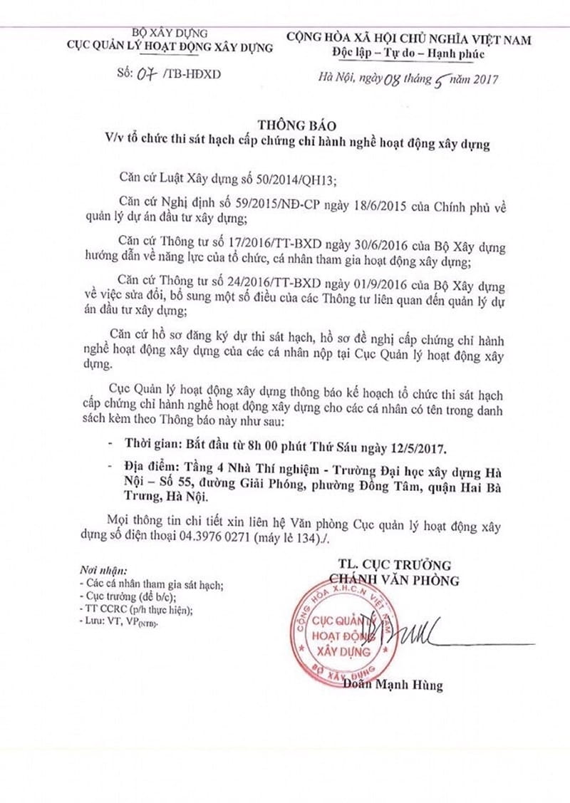 Giấy thông báo thi sát hạch đánh giá năng lực chuyên môn