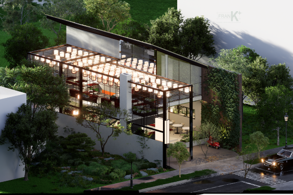 Tổng thể công trình thiết kế quán cafe Chạm Coffee kết hợp cafe và lưu trú tại Long An